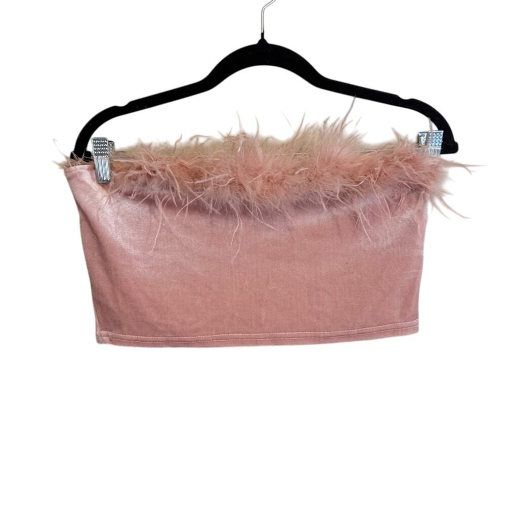 Shein Women's Pink Solid Stretch Velvet Feathered Strapless Crop Tops Size Large